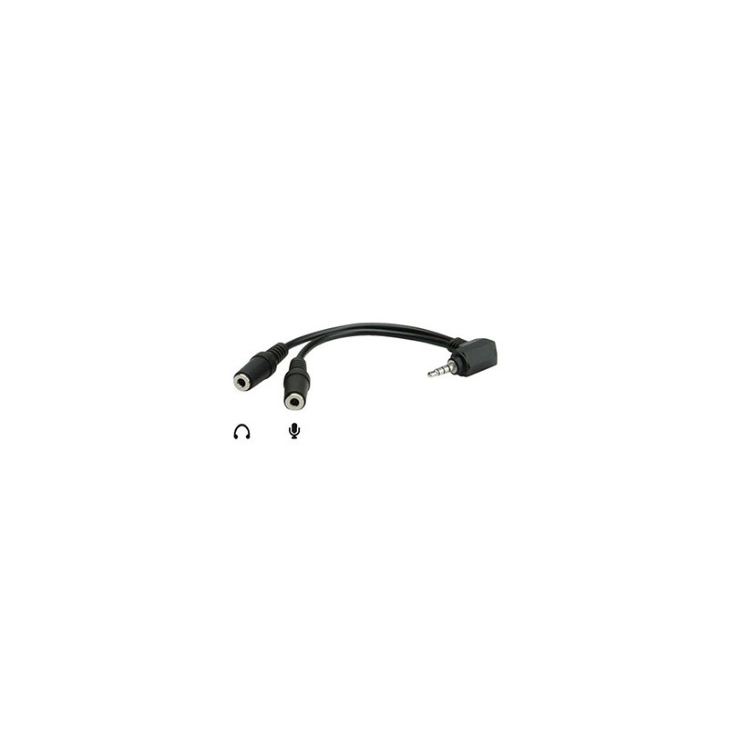 Audio redukcja, Jack (3.5mm) M 4-polowy - 2x Jack (3.5mm) F, 90°, 0.2 m, stereo, czarna, Logo blister, EOL