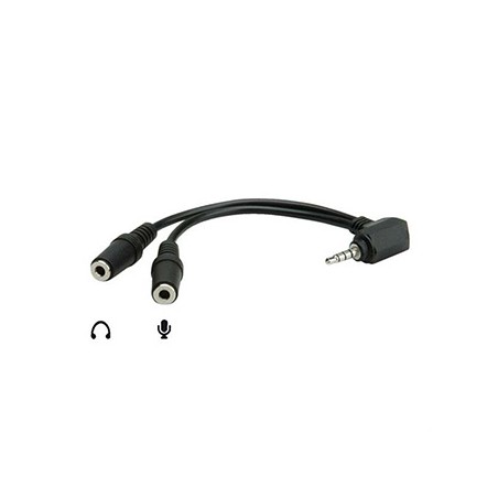 Audio redukcja, Jack (3.5mm) M 4-polowy - 2x Jack (3.5mm) F, 90°, 0.2 m, stereo, czarna, Logo blister, EOL