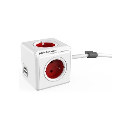 Kabel sieciowy 230V przedłużacz, CEE7 (widelec) - POWERCUBE, 1.5m, EXTENDED USB, czerwony, POWERCUBE, 4 gniazdka + 2 porty USB, 