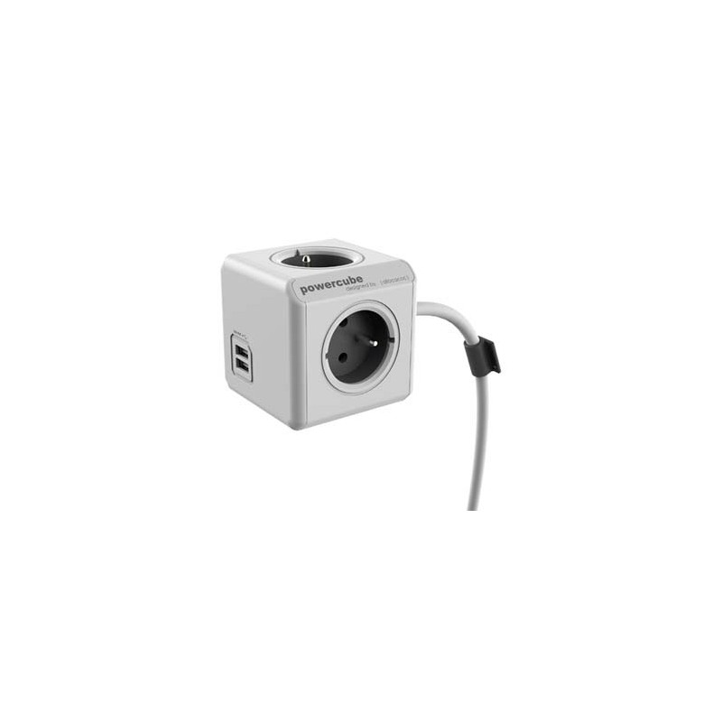 Kabel sieciowy 230V przedłużacz, CEE7 (widelec) - POWERCUBE, 1.5m, EXTENDED USB, szary, POWERCUBE, 4 gniazda, PD 20W A+C