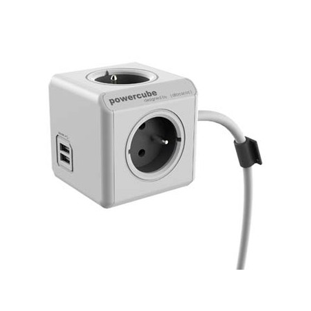 Kabel sieciowy 230V przedłużacz, CEE7 (widelec) - POWERCUBE, 1.5m, EXTENDED USB, szary, POWERCUBE, 4 gniazda, PD 20W A+C