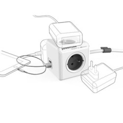 Kabel sieciowy 230V przedłużacz, CEE7 (widelec) - POWERCUBE, 1.5m, EXTENDED USB, szary, POWERCUBE, 4 gniazda, PD 20W A+C