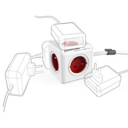 Kabel sieciowy 230V przedłużacz, CEE7 (widelec) - POWERCUBE, 3m, EXTENDED, czerwony, POWERCUBE, 5 gniazdek, zab. przed dziećmi, 