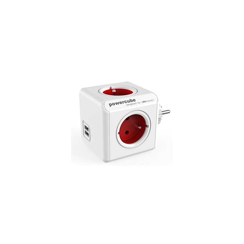Listwa zasilająca 240V, CEE7 (widelec) - POWERCUBE, 0.1m, ORIGINAL USB, czerwona, POWERCUBE, 4 gniazdka + 2 porty USB