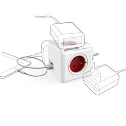 Listwa zasilająca 240V, CEE7 (widelec) - POWERCUBE, 0.1m, ORIGINAL USB, czerwona, POWERCUBE, 4 gniazdka + 2 porty USB
