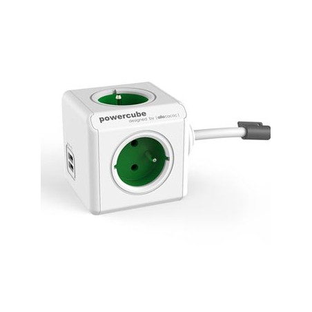 Kabel sieciowy 230V przedłużacz, CEE7 (widelec) - POWERCUBE, 1.5m, EXTENDED USB, zielony, POWERCUBE, 4 gniazdka + 2 porty USB, z