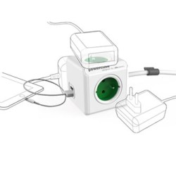Kabel sieciowy 230V przedłużacz, CEE7 (widelec) - POWERCUBE, 1.5m, EXTENDED USB, zielony, POWERCUBE, 4 gniazdka + 2 porty USB, z