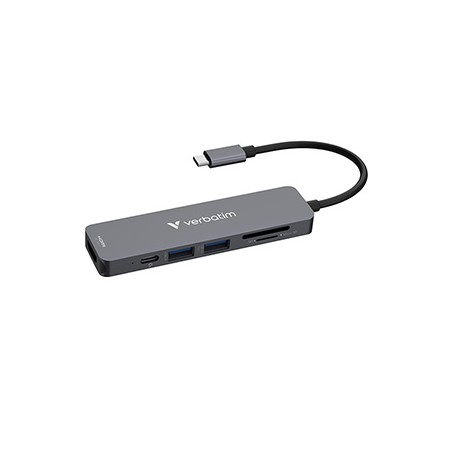 USB-C Hub wieloportowy 6-port, 32156, szary, długość kabla 18 cm, Verbatim, USB-C PD, USB-A 3.2 Gen 1, USB-A 2.0, SD a microSD