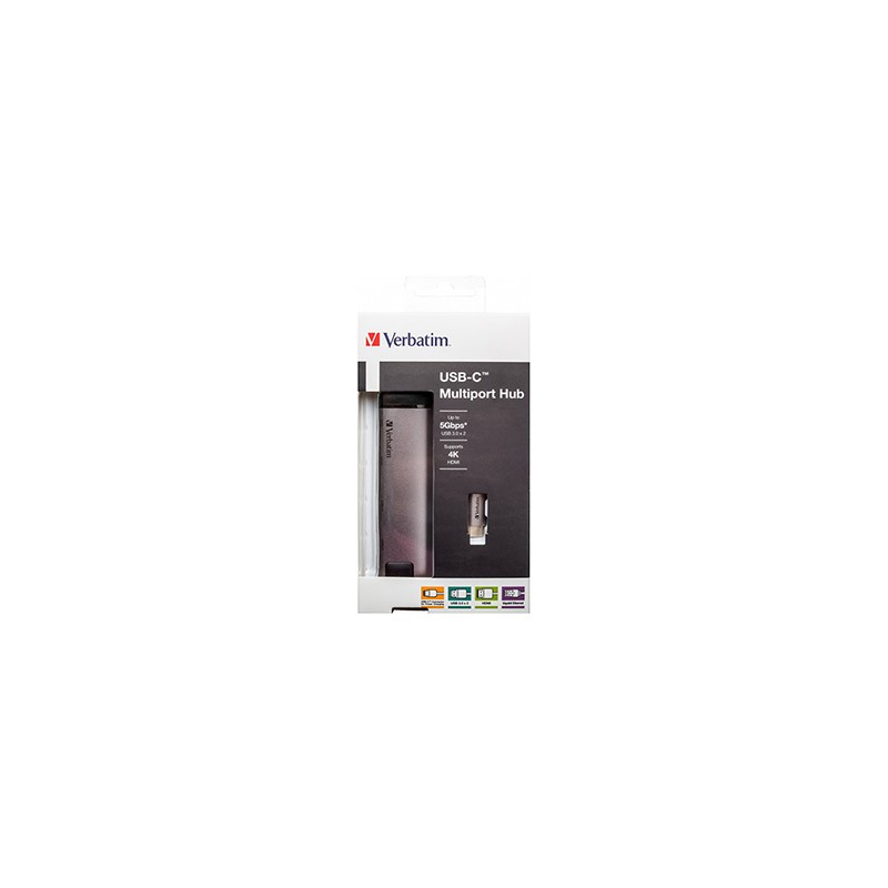 USB (3.1) hub 5-port, 49141, szara, długość przewodu 15cm, Verbatim, adapter USB C na USB C, 1x USB A, HDMI, ETHERNET