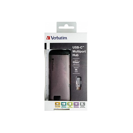 USB (3.1) hub 6-port, 49142, szara, długość przewodu 15cm, Verbatim, 1x USB C, USB A, HDMI