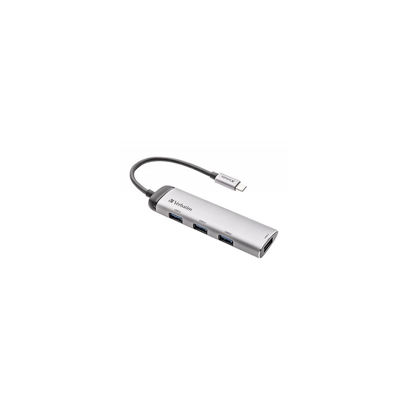USB (3.2) Gen 1 4-port, 49147, szara, długość przewodu 15cm, Verbatim, 1 x połączenie USB-C, porty 4 x USB 3.2 Gen 1