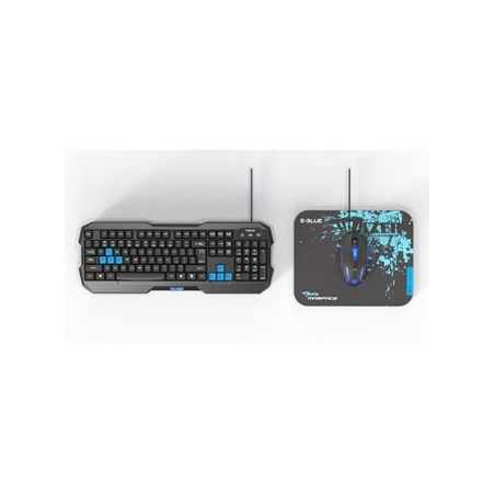 E-blue Polygon zestaw klawiatura przewodowa (USB) US, czarno-niebieski z myszką Cobra II, do gry, z podkładką Mazer Marface S ro
