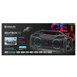 Defender głośnik BEATBOX 50, Li-Ion, 2.0, 50W, czarny, regulacja głośności, podświetlenie LED, BT 5.0, TWS, 80Hz~12kHz