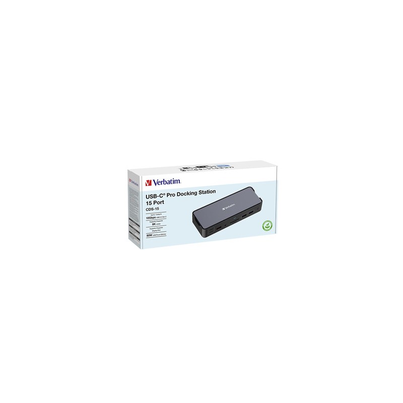 Stacja dokująca Verbatim, USB-C Pro, 15-port, 2x HDMI, RJ45, microSD, 2x USB-A 3.0, USB-C PD, szara
