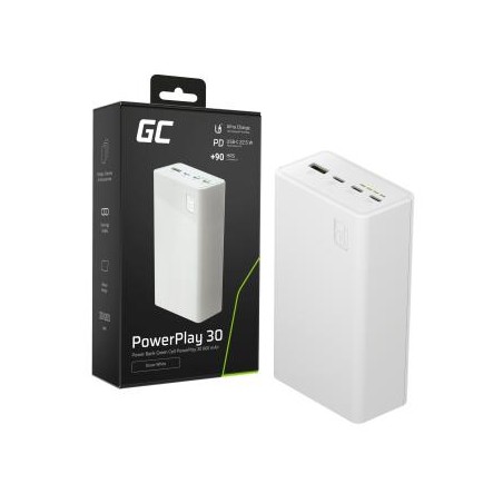 Greencell PowerPlay 30 - biała power bank z a capacity of 30, 000mAh, 22.5W, 4 ports