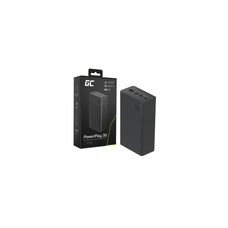 Greencell PowerPlay 30 - kolor czarny power bank z 30, 000mAh, 22.5W, 4 ports