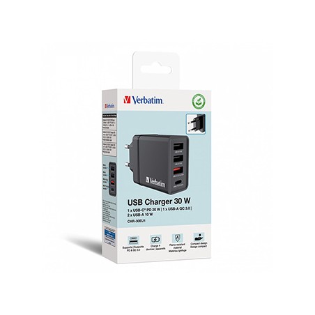 Verbatim Zasilacz / sieciowy adapter 30W, 4-portowy, 1x USB-C, 3x USB-A