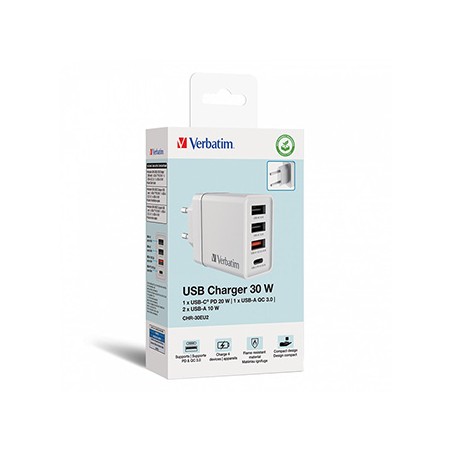 Verbatim Zasilacz / sieciowy adapter 30W, 4-portowy, 1x USB-C, 3x USB-A