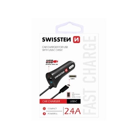 Ładowarka samochodowa SWISSTEN 12W, 1 port, USB-A, kabel USB-C