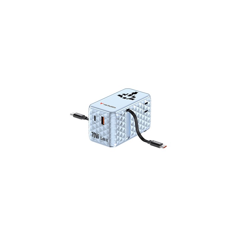 Verbatim, Adapter podróżny Charge ,n, Travel GaN III 1x USB-C, 1X USB-A + 2x zintegrowane kable USB-C, niebieska, 70 W