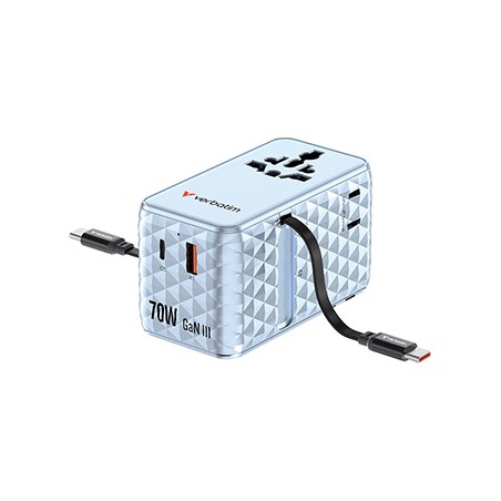 Verbatim, Adapter podróżny Charge ,n, Travel GaN III 1x USB-C, 1X USB-A + 2x zintegrowane kable USB-C, niebieska, 70 W