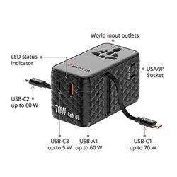 Verbatim, Adapter podróżny Charge ,n, Travel GaN III 1x USB-C, 1X USB-A + 2x zintegrowane kable USB-C, niebieska, 70 W