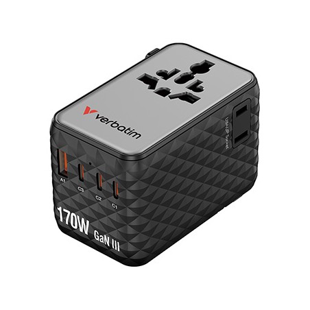 Verbatim, Adapter podróżny Charge ,n, Travel GaN III 2x USB-C, 2X USB-A + 1x zintegrowany kabel USB-C, czarna, 170 W