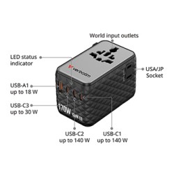 Verbatim, Adapter podróżny Charge ,n, Travel GaN III 2x USB-C, 2X USB-A + 1x zintegrowany kabel USB-C, czarna, 170 W