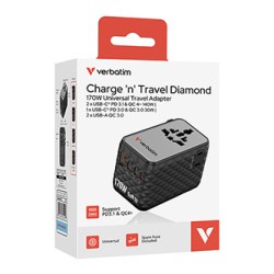 Verbatim, Adapter podróżny Charge ,n, Travel GaN III 2x USB-C, 2X USB-A + 1x zintegrowany kabel USB-C, czarna, 170 W