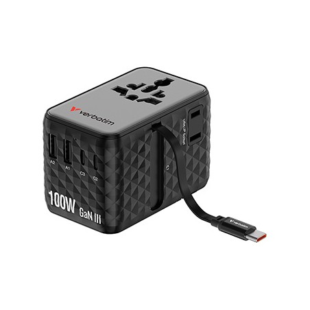 Verbatim, Adapter podróżny Charge ,n, Travel GaN III 2x USB-C, 2X USB-A + 1x zintegrowany kabel USB-C, czarna, 100 W