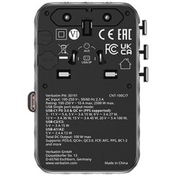 Verbatim, Adapter podróżny Charge ,n, Travel GaN III 2x USB-C, 2X USB-A + 1x zintegrowany kabel USB-C, czarna, 100 W