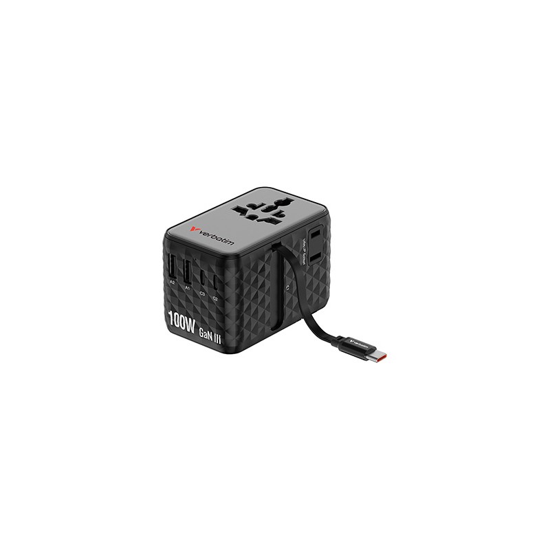 Verbatim, Adapter podróżny Charge ,n, Travel GaN III 2x USB-C, 2X USB-A + 1x zintegrowany kabel USB-C, czarna, 100 W
