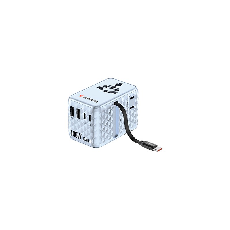 Verbatim, Adapter podróżny Charge ,n, Travel GaN III 2x USB-C, 2X USB-A + 1x zintegrowany kabel USB-C, niebieska, 100 W