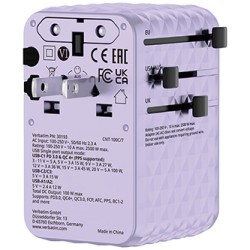 Verbatim, Adapter podróżny Charge ,n, Travel GaN III 2x USB-C, 2X USB-A + 1x zintegrowany kabel USB-C, fioletowy, 100 W