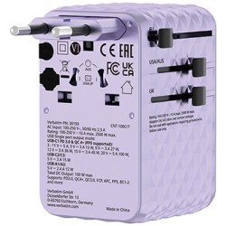 Verbatim, Adapter podróżny Charge ,n, Travel GaN III 2x USB-C, 2X USB-A + 1x zintegrowany kabel USB-C, fioletowy, 100 W