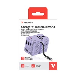 Verbatim, Adapter podróżny Charge ,n, Travel GaN III 2x USB-C, 2X USB-A + 1x zintegrowany kabel USB-C, fioletowy, 100 W