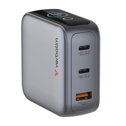 Verbatim, Mini ładowarka GaN z wyświetlaczem i kablem 2 x USB-C / 1 x USB-A, szara, 100 W, Wbudowane zabezpieczenie nadprądowe