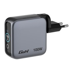 Verbatim, Mini ładowarka GaN z wyświetlaczem i kablem 2 x USB-C / 1 x USB-A, szara, 100 W, Wbudowane zabezpieczenie nadprądowe