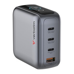 Verbatim, Mini ładowarka GaN z wyświetlaczem i kablem 3 x USB-C / 1 x USB-A, szara, 140 W, Wymienne wtyczki EU, UK, USA