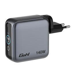Verbatim, Mini ładowarka GaN z wyświetlaczem i kablem 3 x USB-C / 1 x USB-A, szara, 140 W, Wymienne wtyczki EU, UK, USA
