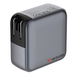 Verbatim, Mini ładowarka GaN z wyświetlaczem i kablem 3 x USB-C / 1 x USB-A, szara, 140 W, Wymienne wtyczki EU, UK, USA