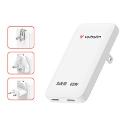 Verbatim, Ładowarka Essentials Slim GaN USB-C1 PD 3.0 , USB-C2 PD 3.0, biała, 65W