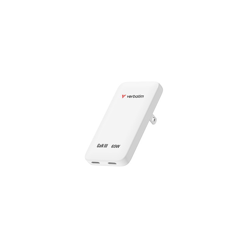 Verbatim, Ładowarka Essentials Slim GaN USB-C1 PD 3.0 , USB-C2 PD 3.0, biała, 65W