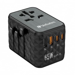 Verbatim, Adapter podróżny World-to-World UTA-05 GaN III 2x USB-C PD, QC 4+, 2x USB-A, czarna, 65 W