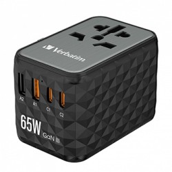 Verbatim, Adapter podróżny World-to-World UTA-05 GaN III 2x USB-C PD, QC 4+,  2x USB-A, czarna, 65 W