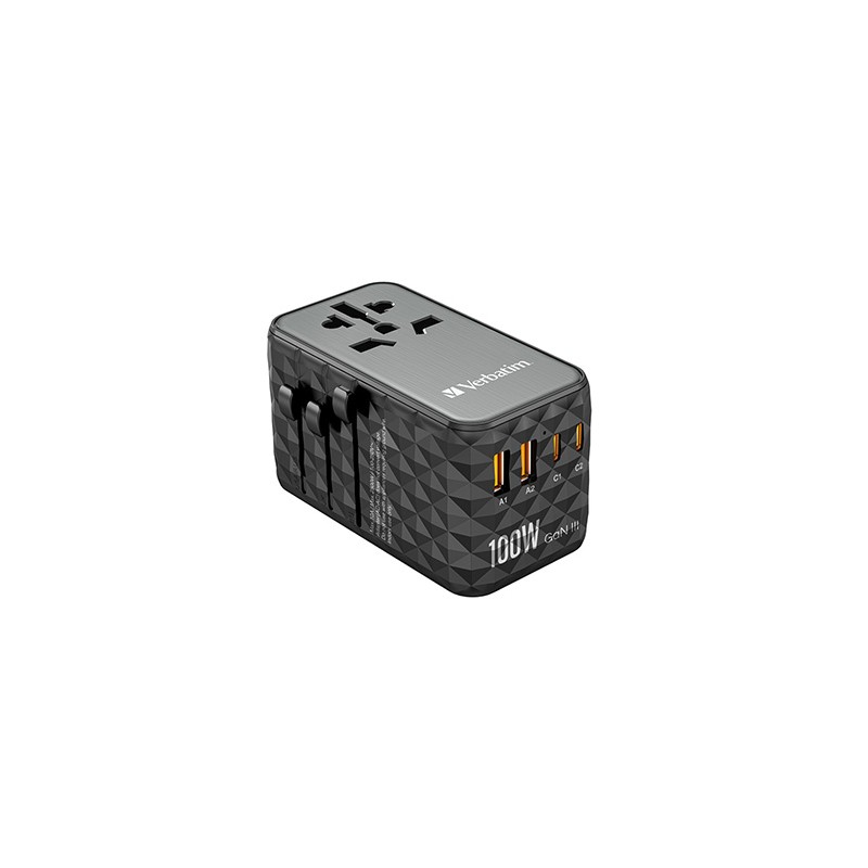 Verbatim, Adapter podróżny World-to-World UTA-06 GaN III 2x USB-C PD, QC 4+,  2x USB-A QC 3.0, czarny, 100 W