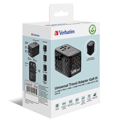 Verbatim, Uniwersalny adapter podróżny 2x USB-C PD i QC 4+, 1x USB-C PD 3.0, 1x USB-A QC, czarny, 140 W