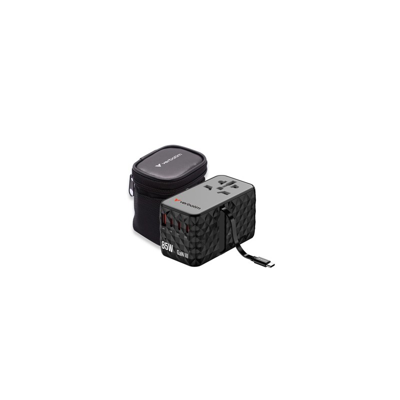 Verbatim, Uniwersalny adapter podróżny CNT-02 GaN III 3x USB-C PD QC 4+, 1x USB-C kabel, 1x USB-A QC, czarny, 85W