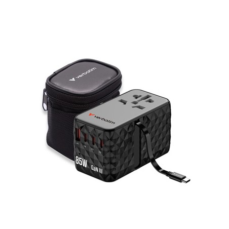 Verbatim, Uniwersalny adapter podróżny CNT-02 GaN III 3x USB-C PD QC 4+, 1x USB-C kabel, 1x USB-A QC, czarny, 85W
