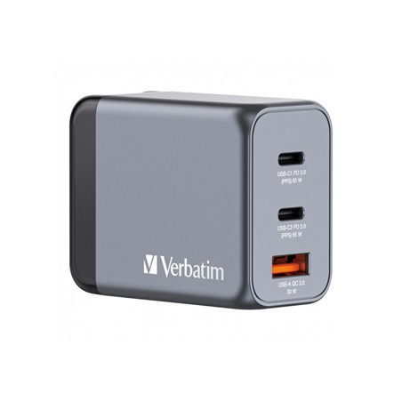 Verbatim, Ładowarka GaN USB 3.0, USB C, szara, 65 W, wymienne końcówki  C,G,A